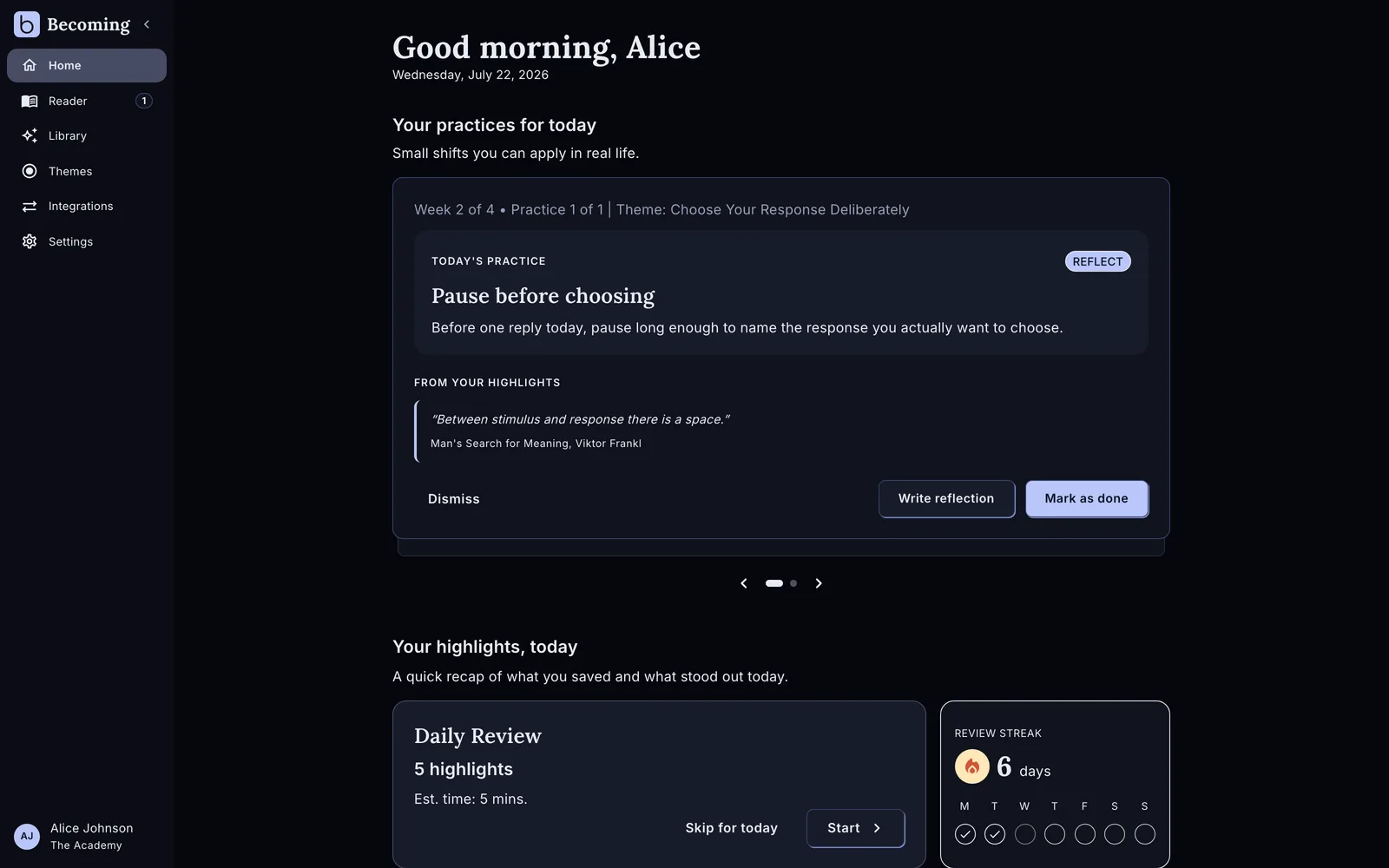 The Becoming app showing today's practice, drawn from your own highlights