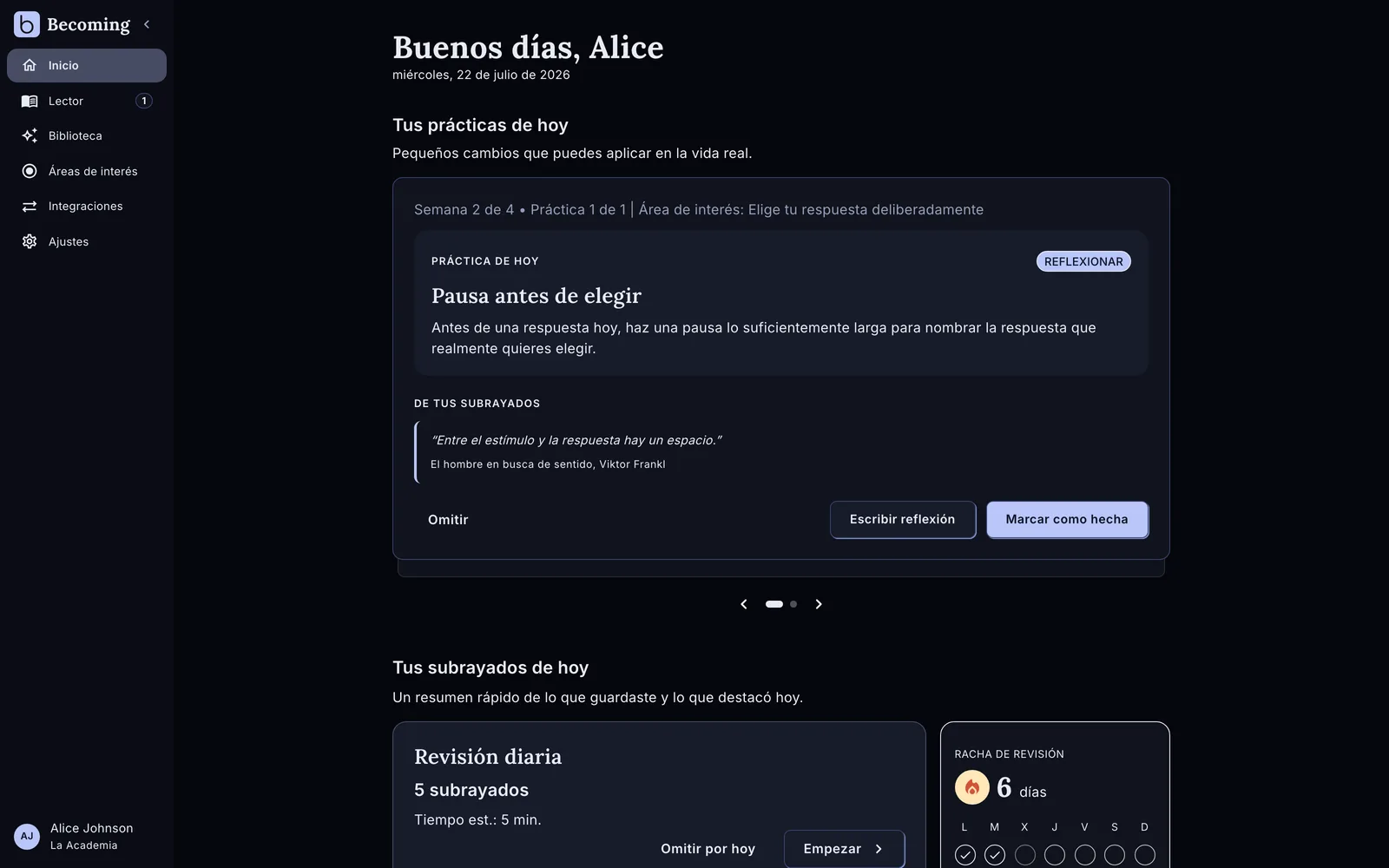 La app de Becoming con la práctica de hoy, creada a partir de tus subrayados