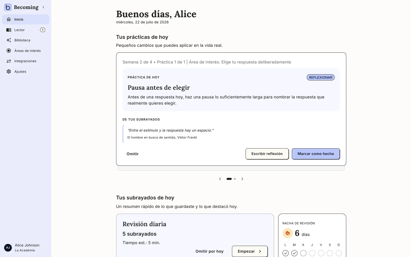 La app de Becoming con la práctica de hoy, creada a partir de tus subrayados