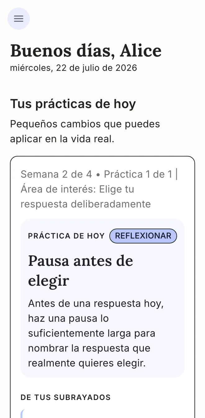 La app de Becoming con la práctica de hoy, creada a partir de tus subrayados