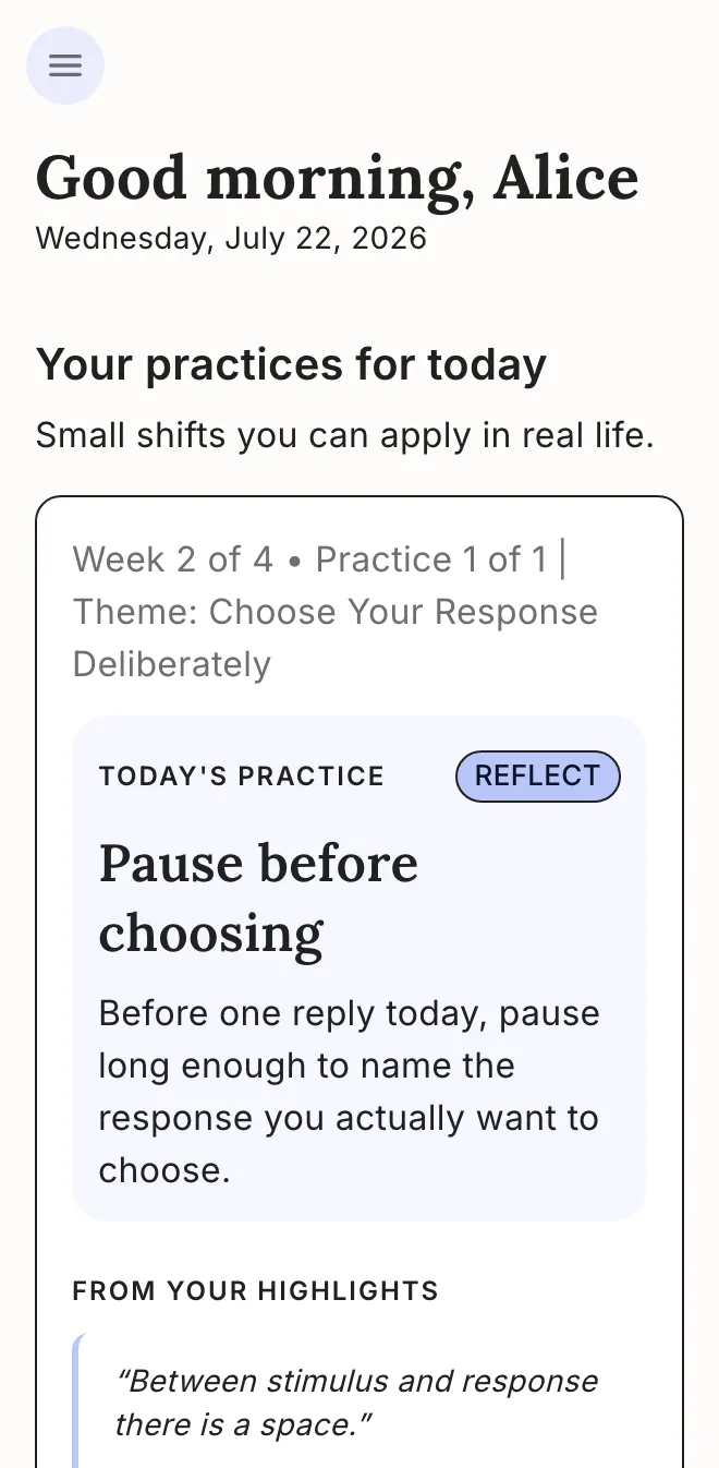 The Becoming app showing today's practice, drawn from your own highlights